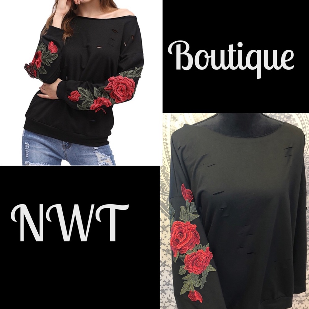 Long Sleeve Rose Embroidered Sweatshirt